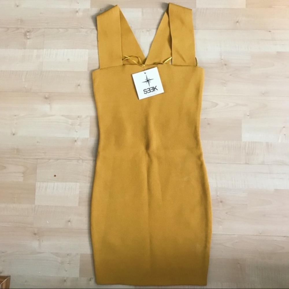 LF Mustard Square Neck Bodycon dress size XS NWT